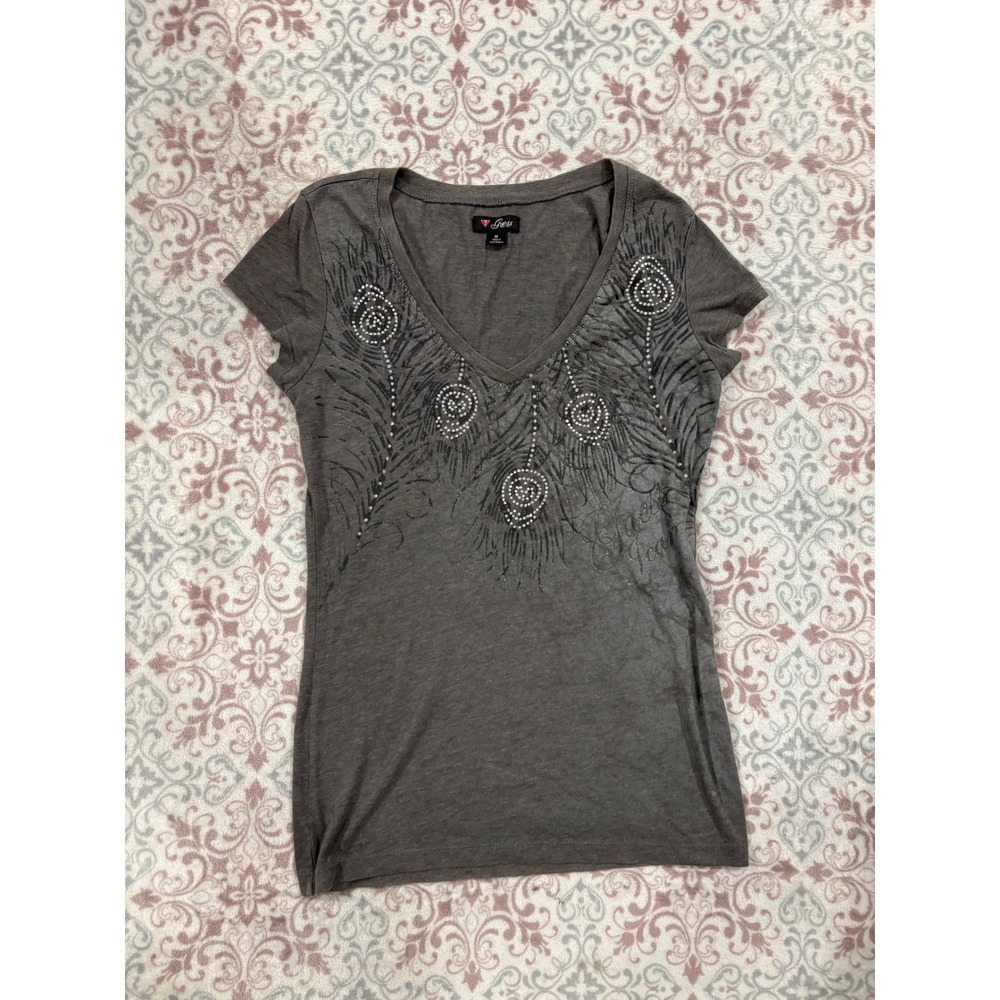 Guess Jeans Womens Gray Peacock Rhinestone V-Neck Short Sleeve Tee Shirt Size M